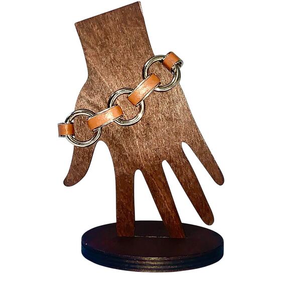 Banana Republic Chunky Gold Tone Tan Leather Link Toggle Bracelet EUC - Picture 4 of 9